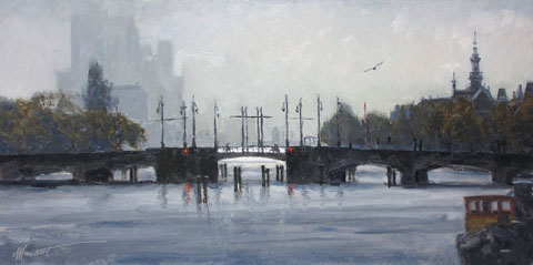 Richard van Mensvoort, Amstel in de mist, Olieverf op doek, 30x60 cm in baklijst, €.1450,-