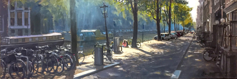 Richard van Mensvoort, Aan de gracht, Olieverf op doek in baklijst, 40x120 cm, €.2950,-