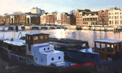 Richard van Mensvoort, Boten aan de Amstel, Olieverf op doek in baklijst, 30x50 cm, €.1250,-