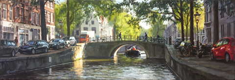 Richard van Mensvoort, Leliegracht, Olieverf op doek in houten lijst, 40x120 cm, €.2950,-