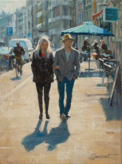 Richard van Mensvoort, Strolling Amsterdam, 1200 euro, Olieverf op doek in lijst, 40x30 cm