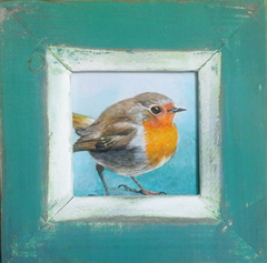 Liesbet Milort, Roodborst groen, Acryl op paneel, 19x19 cm in oude lijst (werkje 9x9 cm), €.125,-