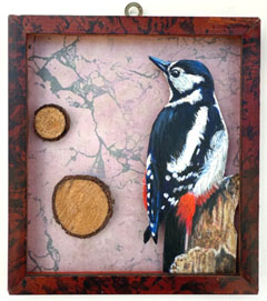 Liesbet Milort, Bird and wood, 175 euro, Gemengde techniek met oud hout in vintage lijstje, 15x14 cm