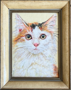 Liesbet Milort, Kat, 175 euro, Gemengde techniek in vintage lijstje, 14x18 cm