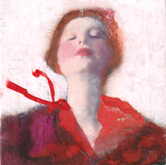Veronique Paquereau, Red Ribbon, Mixed Media on wood, 16x16x3 cm, €.180,-