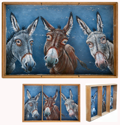 Fonny van der Veen, Drie ezels op schoenpoetsdoos, Acry op oud hout, 33x22 cm, €.265,-