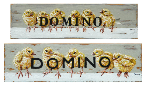 Fonny van der Veen, Domino 1 en 2, Acryl op dominospeldeksel, 4x15 cm, €.65,-