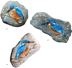 Fonny van der Veen, IJsvogels 1 t/m 3, ACryl op steen, 9x9 cm, €.80,- per stuk