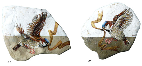 Fonny van der Veen, Mus 1 en 2, Acryl op steen, 14x11 cm, €.80,- euro per stuk