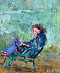 Lourdes Ral, The quiet garden read, 430 euro, Acrylic on wood without frame, 60x50x4 cm