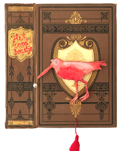 Tamar Rubinstein, Roodborstje 2, Gemengde techniek op oude boekcover (zonder lijst), 19x16 cm, €.125,-
