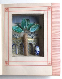 Tamar Rubinstein, Paleistuin, Gemengde techniek en collage in oud boek, 16x27 cm, €.165,- 
