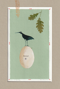 Tamar Rubinstein, Amour met eikenblad, Gemengde techniek en collage op papier in houten lijst, 30x22 cm, €.150,-