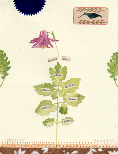 Tamar Rubinstein, Plants and bird, Gemengde techniek op papier in houten lijst, 26x20 cm, €.150,-