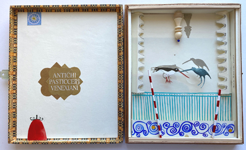 Tamar Rubinstein, Vogels op pleintje in Venetie, 195 euro, Gemengde techniek/collage in sigarenkistje, 21x36x4x4 cm