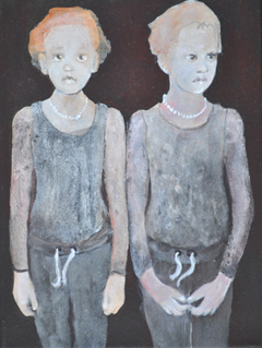 Edith Snoek, 2 meisjes met kralen, Acryl op doek, 24x18 cm, €.150,-
