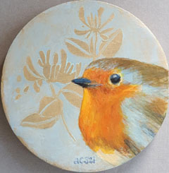 Aline Sprokkereef, Roodborst, Acryl op paneel, 13 cm, €.130,-