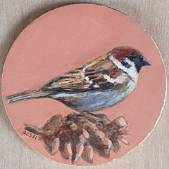 Aline Sprokkereef, Mus met denneappel, 195 euro, Acryl op hout, 13 cm