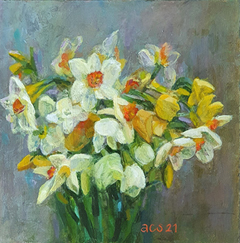 Aline Sprokkereef, Narcissen, Acryl op paneel 18x18x3 cm, €.275,-