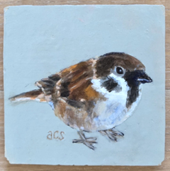 Aline Sprokkereef, Musje, 185 euro, Acryl op handgebakken tegel (incl ophangsysteem en blokstandaardje), 10x10 cm