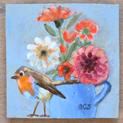 Aline Sprokkereef, Roodborstje met bloemen, 185 euro, Acryl op handgebakken tegel (incl ophangsysteem en blokstandaardje), 10x10 cm