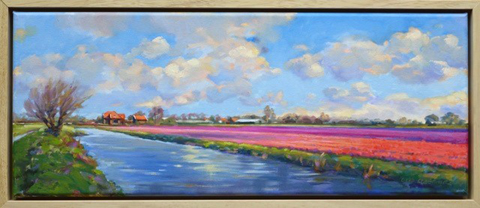 Geke Steenmetz, Bollenvelden langs het water, Olieverf op doek in baklijst, 20x50 cm, €.490,-