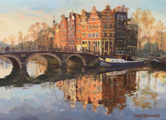 Geke Steenmetz, Prinsengracht - Brouwersgracht, Olieverf op paneel in baklijstje, 13x18 cm, €.250,-