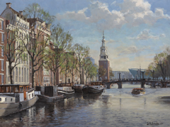 Walter Stoelwinder, In opdracht: Snoekjesgracht/Montelbaanstoren, Acryl op paneel in baklijst, 30x40 cm, €.980,-