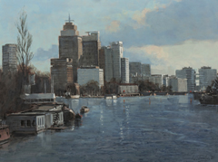 Walter Stoelwinder, Amstel/Omval/Rembrandtoren, Acryl op paneel, 30x40 cm, €.1050,-