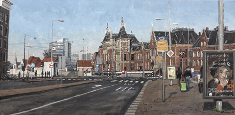 Walter Stoelwinder, Cetraal Station Amsterdam,  Acryl op paneel in baklijst, 40x80 cm, €.2050,-