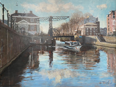 Walter Stoelwinder, Scharrebiersluis bij NEMO in Amsterdam, Acryl op doek in baklijst, 30x40 cm, €.1050,-