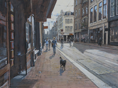 Walter Stoelwinder, Utrechtsestraat, Acryl op paneel in baklijst, 30x40 cm, €.1200,-