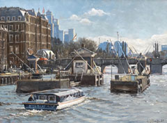 Walter Stoelwinder, Amstel bij sluizen richting Zuid Amsterdam, 1120 euro, Acryl op paneel in baklijst, 30x40 cm