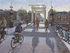 Walter Stoelwinder, Fietsers op de Magere Brug Amsterdam, 1200 euro,  Acryl op paneel in baklijst, 30x40 cm