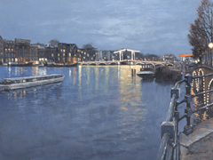 Walter Stoelwinder, Magere Brug bij avond, 1200 euro,  Acryl op paneel in baklijst, 30x40 cm