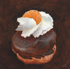 Walter Stoelwinder, Slagroomsoes met chocola, 250 euro, Acryl op paneel zonder lijst, 15x15x1,5 cm