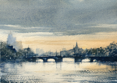 Jan Thiecke, Amstel Amsterdam, 250 euro, Aquarel op papier in passe-partout in lijst, 15x22 cm