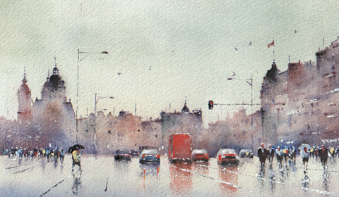 Jan Thiecke, Prins Hendrikkade, 175 euro, Aquarel in passe-partout en lijst, 23x13 cm