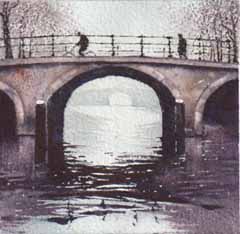 Jan Thiecke, Op de brug Amsterdam, 100 euro, Aquarel op papier in passe-partout zonder lijst, 10x10 cm