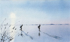 Jan Thiecke, schaatsers, 225 euro, Aquarel op papier in passe-partout met lijst, 11x22 cm