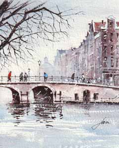 Jan Thiecke, Singel 2 Amsterdam, 125 euro, Aquarel op papier in passe-partout in  lijst, 9,5x14,5 cm