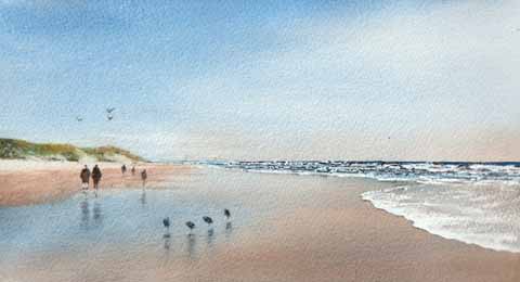 Jan Thiecke, Strand Egmond, 200 euro, Aquarel op papier in passe-partout zonder lijst, 14x26 cm