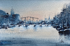 Jan Thiecke, Amstel met magere brug, 195 euro, Aquarel in simpele houten lijst, 15x10 cm (met lijst 26x20 cm)