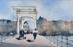 Jan Thiecke, Magere Brug 2, 195 euro, Aquarel in simpele houten lijst, 17x11 cm (met lijst 26x20 cm)