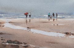 Jan Thiecke, Strand, 240 euro, Aquarel in passe-partout in houten lijst, 14x23 cm