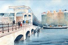 Jan Thiecke,Magere Brug 2, 240 euro, Aquarel in passe-partout in lijst, 14x21 cm