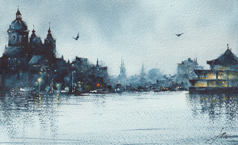Jan Thiecke, Oosterdok, 275 euro, Aquarel in houten wissellijst, 14x22 in A4 lijst