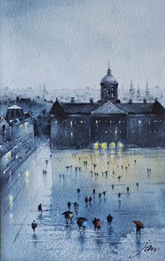 Jan Thiecke, Paleis op de Dam vogelvlucht, 215 euro, Aquarel in passe-partout zonder in lijst, 17x11 cm