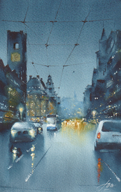 Jan Thiecke, Damrak,  275 euro, Aquarel in licht houten lijst, 30x21 cm in A4 lijst