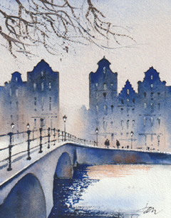 Jan Thiecke, Gracht,  275 euro, Aquarel in licht houten lijst, 30x21 cm in A4 lijst